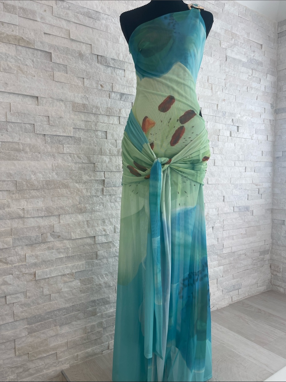 Aqua Green Ombre Strapless Maxi Dress with Knot Detail
